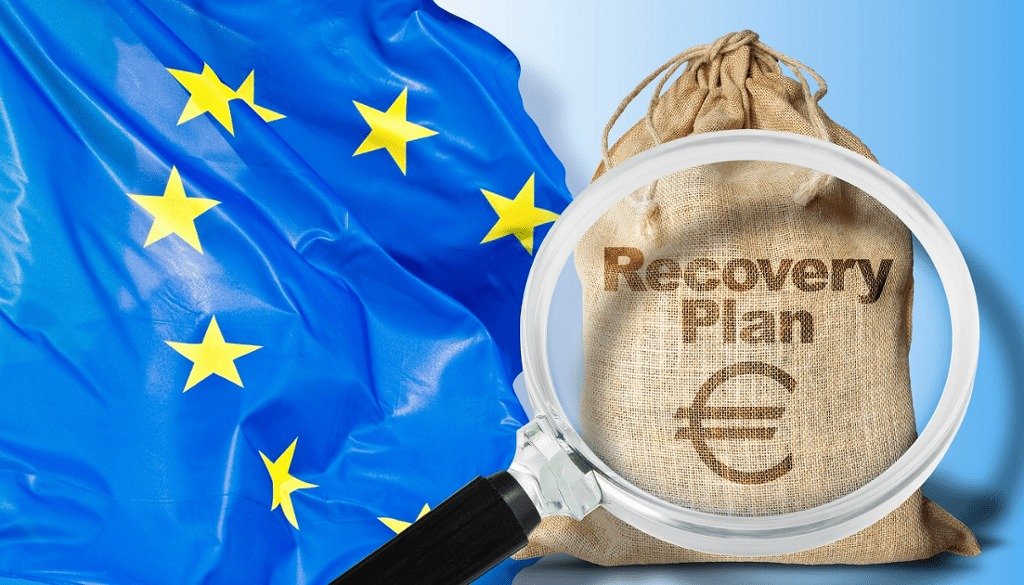 Illustration of EU officials discussing Europas Wiederaufbaufonds during a high-level meeting